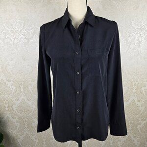 Mango Size XS Black Button Down Shirt Long Sleeve Chest Pocket Rounded Hem